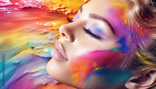 Woman's face in rainbow paint