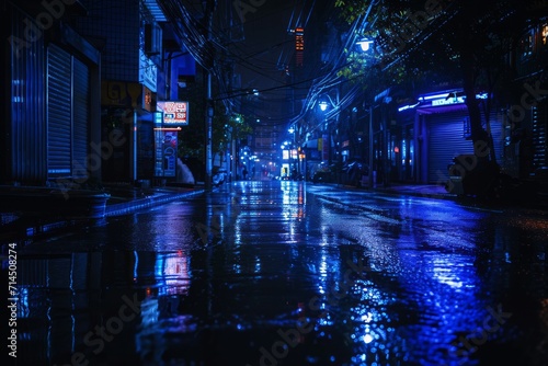 Dark, moody atmospheric street with reflective wet ground © ParinApril