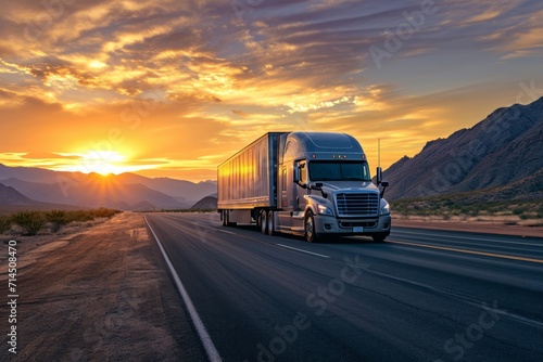 Semi truck driving on highway during sunset in mountainous area