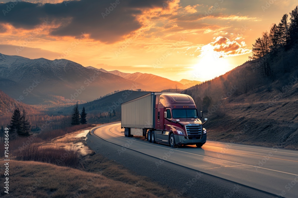 Obraz premium Semi truck driving on highway during sunset in mountainous area