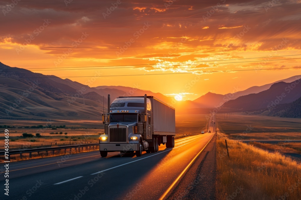 Semi truck driving on highway during sunset in mountainous area Semi truck driving on highway during sunset in mountainous area