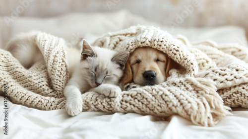 Adorable Kitten and Puppy Snuggled Together in a Cozy Crochet Blanket