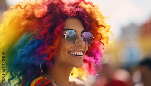 Woman with curly hair and iridescent strands , LGBQ concept