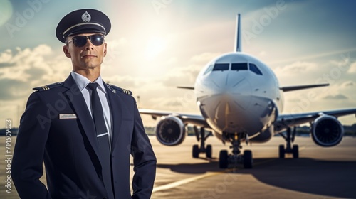 A handsome, contented male pilot in a suit and sunglasses stands next to a large airplane and against the background of a blue sky with clouds on a sunny day.
