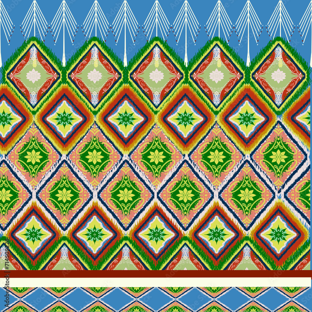 Ikat floral paisley embroidery on blue background. Ikat floral paisley embroidery on blue background.