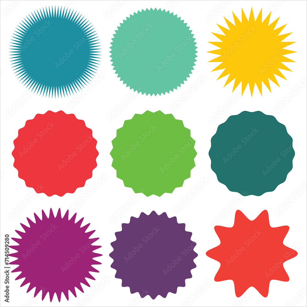 Set of vector starburst, sunburst badges. Nine different color. A collection of different types and colors icon. Design elements. Colored stickers. Set of vector starburst, sunburst badges. Nine different color. A collection of different types and colors icon. Design elements. Colored stickers.