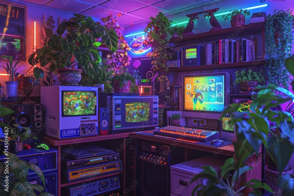 Vibrant retro gaming setup with colorful consoles and plants