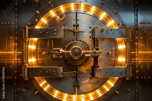 High security bank vault door illuminated in golden light