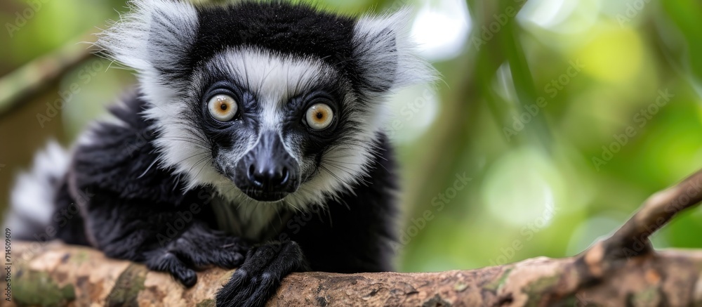Fototapeta premium Madagascar's unique lemur: White-belted Ruffed Lemur, Varecia variegata subcincta.