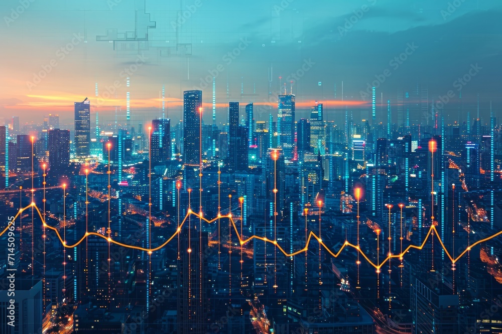 An abstract representation of financial growth with graphs and upward trending lines superimposed on a cityscape at dusk. - obrazy, fototapety, plakaty 
