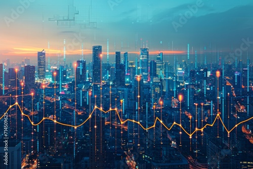 An abstract representation of financial growth with graphs and upward trending lines superimposed on a cityscape at dusk.