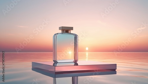 Transparent perfume bottle on a background of water photo