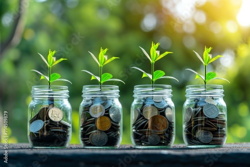 Four jars with plants growing out of coins, illustrating financial growth and investment. photo