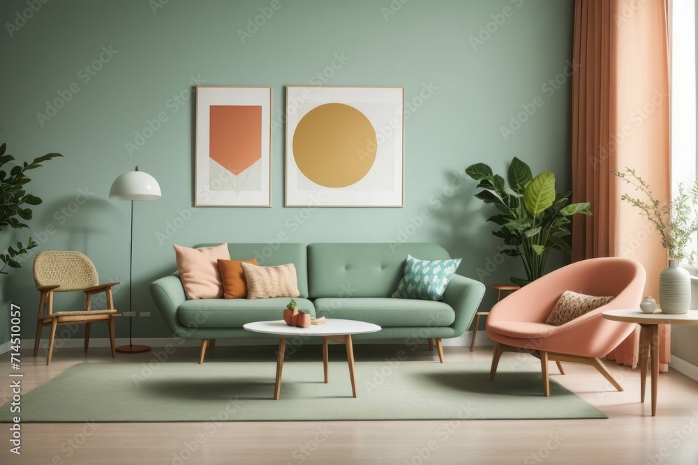 Scandinavian Interior home design of modern living room with green sofa chairs and round table with green wall with art frame poster Scandinavian Interior home design of modern living room with green sofa chairs and round table with green wall with art frame poster