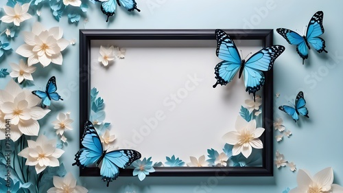 mockup frame with butterflies, blue theme  
