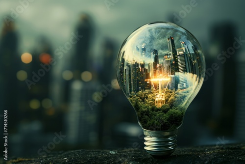 A conceptual eco friendly cityscape contained within an illuminated light bulb  signifying sustainable energy and green living.