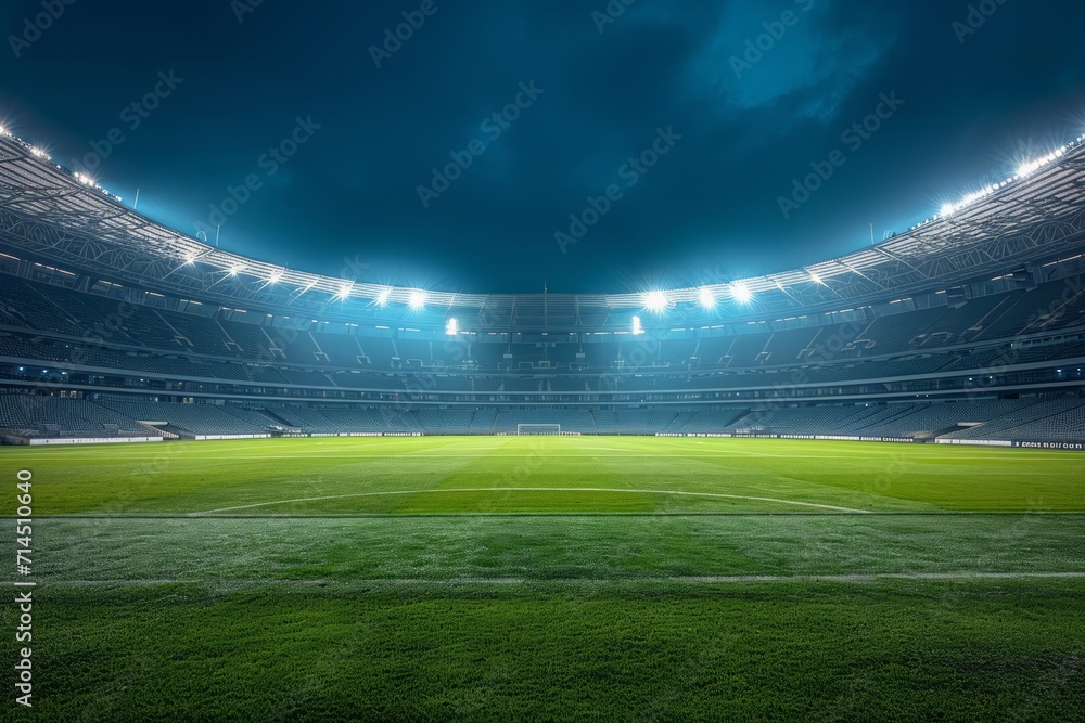 An empty stadium with dramatic lighting, symbolizing anticipation or the calm before a sporting event.