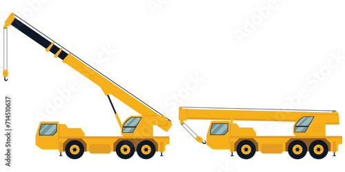 Mobile crane icon. Vehicle for lifting, handling, building, moving cargo, load. Heavy machinery. Vector illustration.