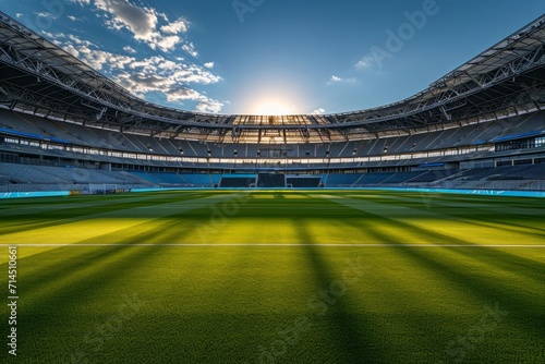 An empty stadium with dramatic lighting, symbolizing anticipation or the calm before a sporting event. © ParinApril