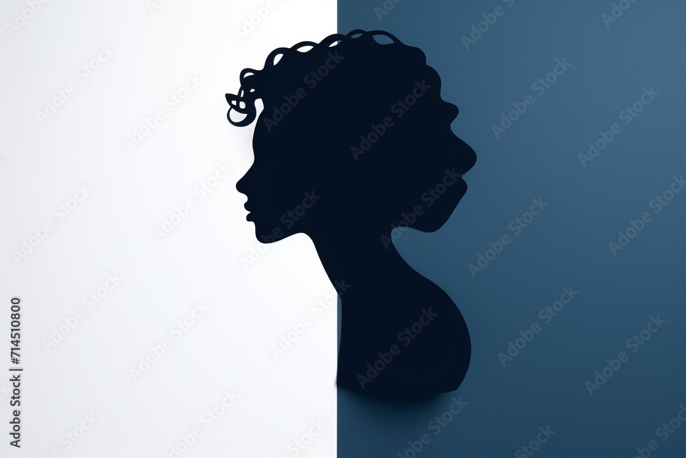 Beauty, fashion, style, make-up and hairstyle concept. Paper cut of woman silhouette portrait on plain background with copy space. Simple logo design