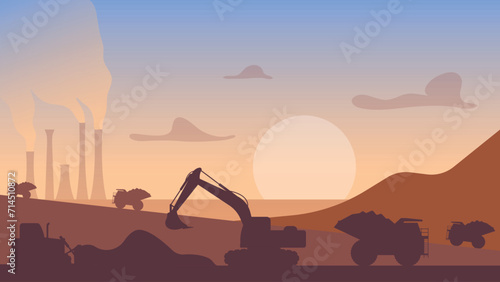 Quarry landscape. Quarry heavy vehicles. Mine production, stone quarrying process. Vector illustration.
