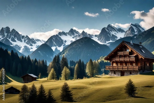 Picturesque Alpine Landscape with Majestic Mountains, Lush Green Fields, and a Traditional Wooden Chalet Under a Clear Blue Sky