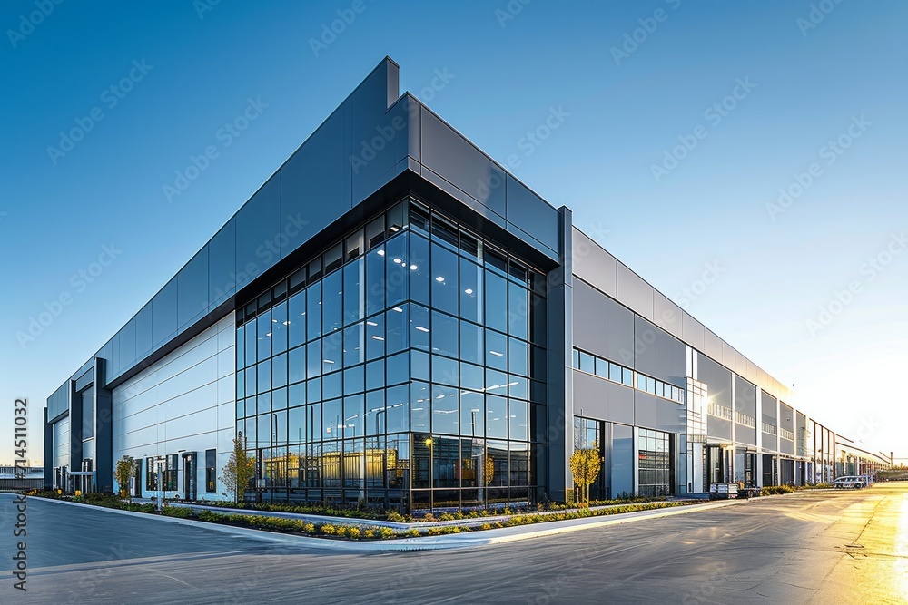 A modern industrial warehouse exterior with a wide angle view under a clear sky. A modern industrial warehouse exterior with a wide angle view under a clear sky.