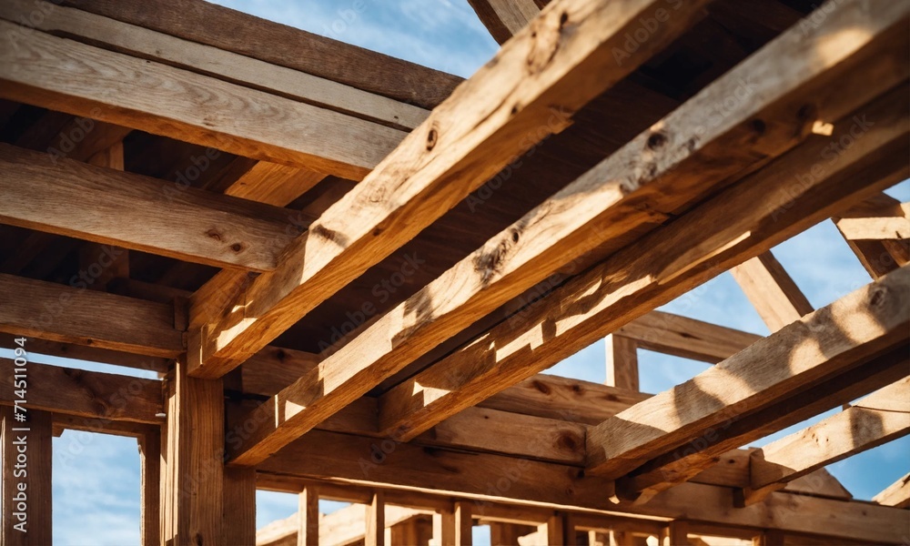 L'intérieur d'une charpente de maison en bois en construction. L'intérieur d'une charpente de maison en bois en construction.