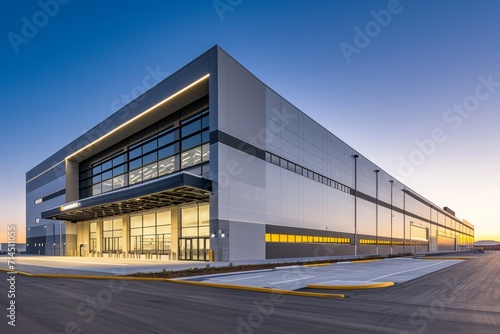 A modern industrial warehouse exterior with a wide angle view under a clear sky.