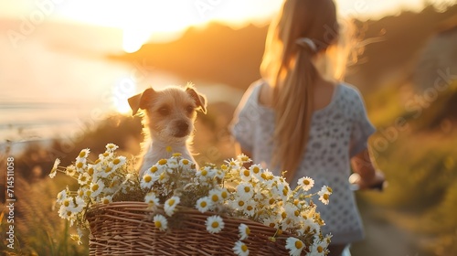 Jack Russell terrier nestled in a flower-adorned basket #714511058
