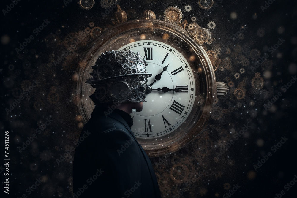 Abstract concept of time passing by. Human silhouette and old clock representing past time. Turn back time concept. Melancholic mood - obrazy, fototapety, plakaty 