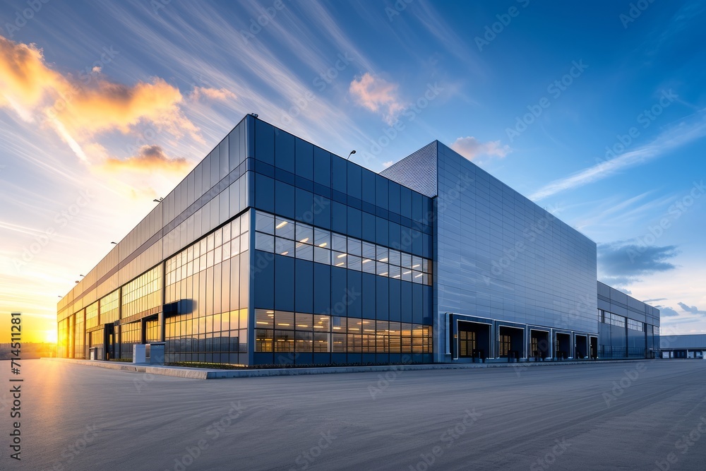 A modern industrial warehouse exterior with a wide angle view under a clear sky.