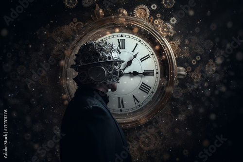Abstract concept of time passing by. Human silhouette and old clock representing past time. Turn back time concept. Melancholic mood