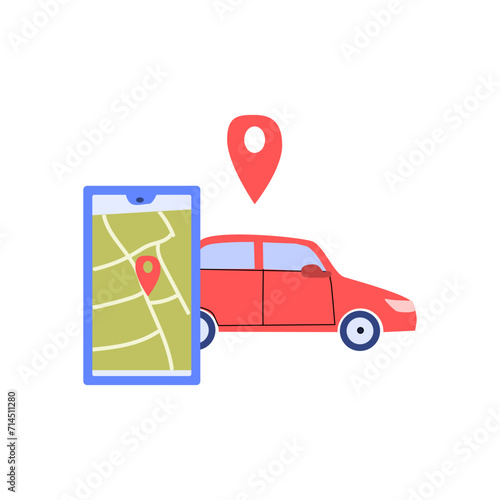 automobile vehicle and mobille app with map and location mark. Can used for car sharing servise, rent automobile concept.  photo