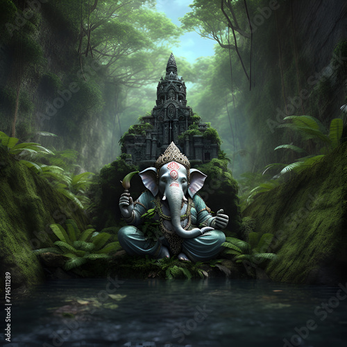 The green version of lord ganesha meditating in the forest ai generated