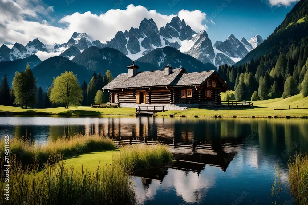 Naklejka premium Picturesque Log Cabin by a Tranquil Lake with Lush Greenery and Majestic Snow-Capped Mountains in the Background