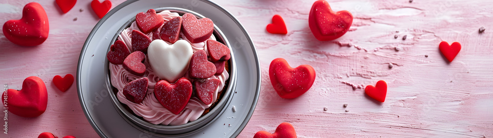Heart Shaped Cake on Plate Surrounded by Hearts Heart Shaped Cake on Plate Surrounded by Hearts