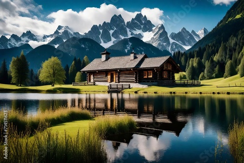 Picturesque Log Cabin by a Tranquil Lake with Lush Greenery and Majestic Snow-Capped Mountains in the Background