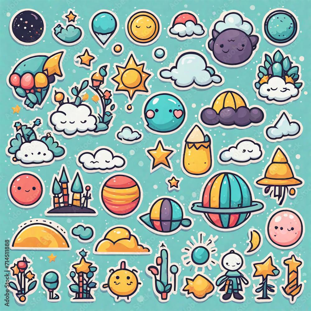 Cute elements in the sky illustrated with a cartoon artwork