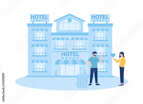 hotel service concept of smiling doormen welcoming guests concept flat illustration