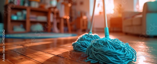 two pairs of mops on a wooden floor inside a living room