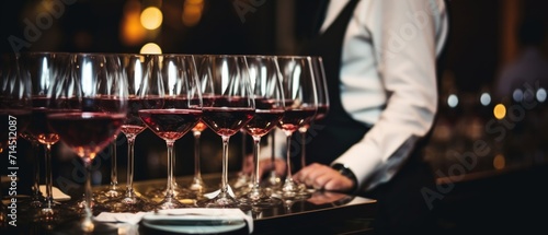 waiters serve wine glasses and glasses at a restaurant