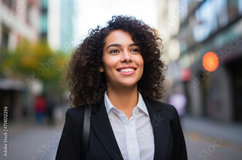 women smiling in a business suit in the city