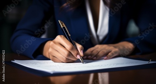 young professional woman signing document at table