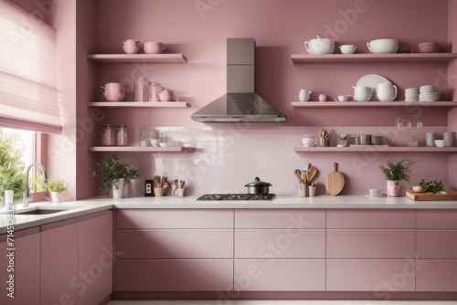 French Interior home design of modern kitchen with purple kitchen cabinet and table with backsplash against pastel purple walls with shelves