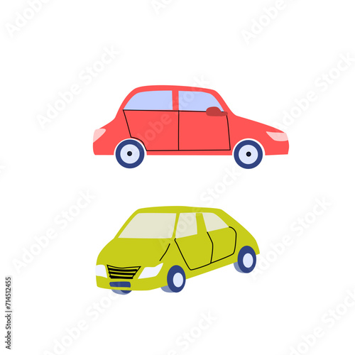 Car collection. Auto side view. Red and green automobile. Vector illustration in flat style. Vector illustration