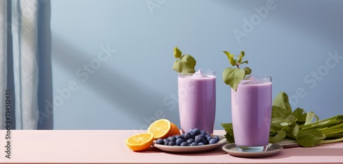 two purple fruit yogurt smoothies on a table