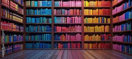 library with many colorful books in front of bookshelves
