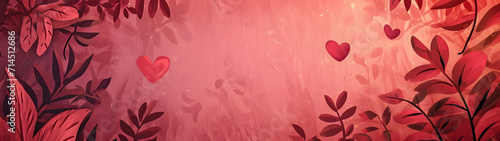 Painting of Red Leaves and Hearts on Pink Background