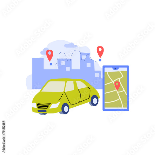 automobile vehicle and mobille app with map and location mark. cityscape background horizontal. Vector illustration with location mark and track. Can used for car sharing servise, rent automobile